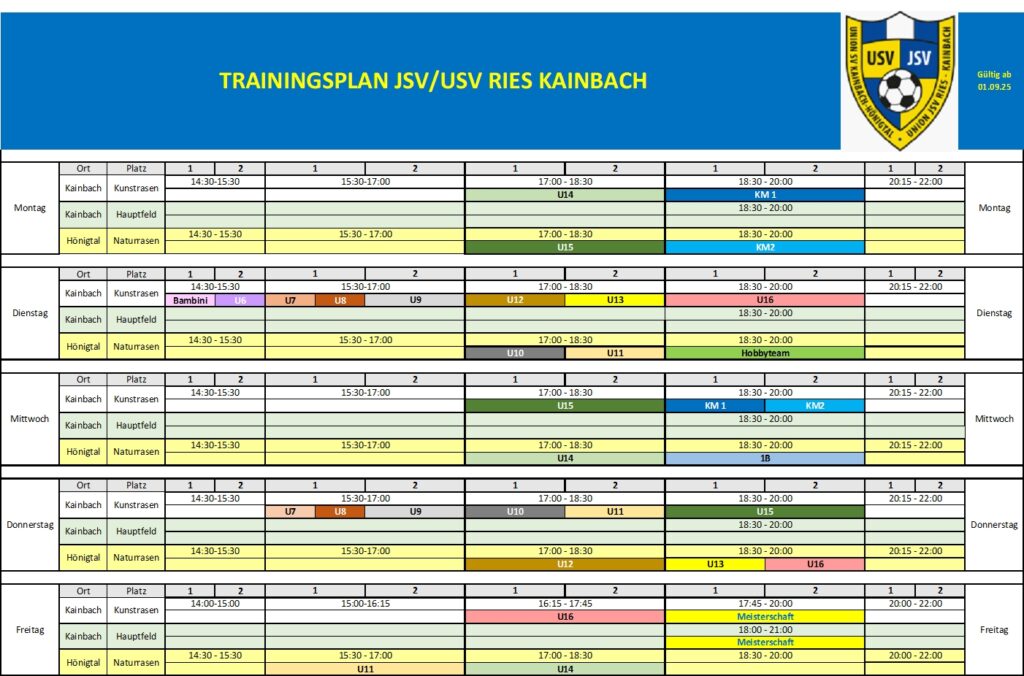 Trainingszeiten Herbst 2025